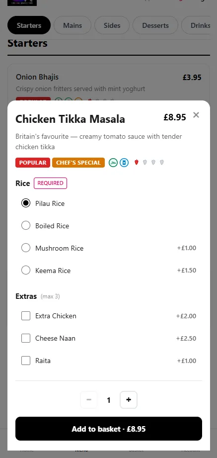 Demo app — Chicken Tikka Masala order screen
